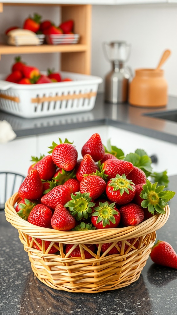 A basket filled with fresh strawberries on a kitchen countertop.