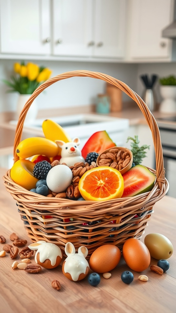 A woven basket filled with bananas, oranges, berries, nuts, decorative eggs, and bunny-themed treats set on a kitchen counter.