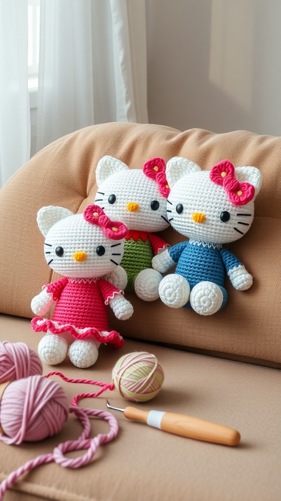 Three colorful Hello Kitty crochet plushies sitting on a couch with yarn and a crochet hook