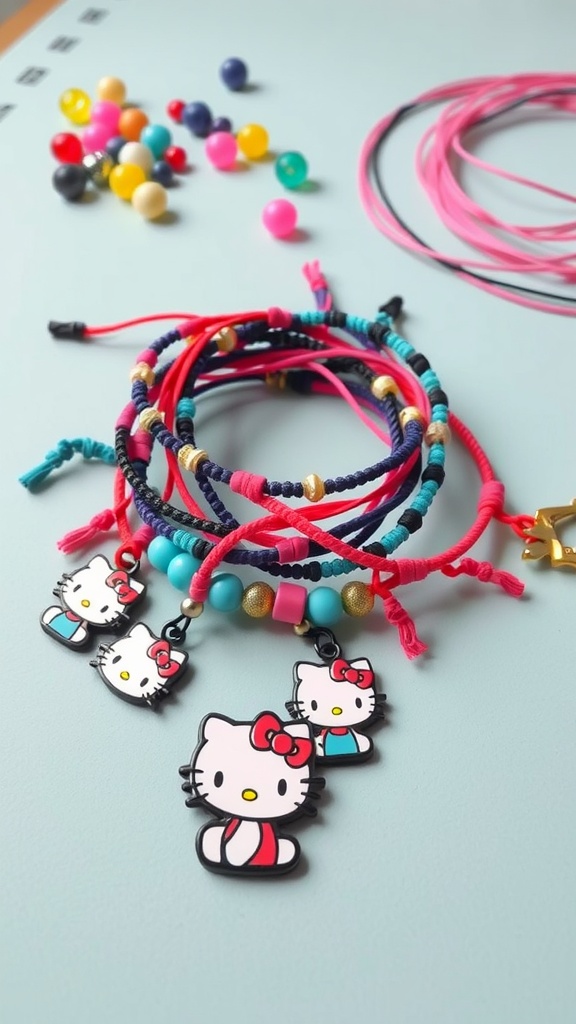 A collection of colorful Hello Kitty friendship bracelets made with beads and threads, featuring cute Hello Kitty charms.