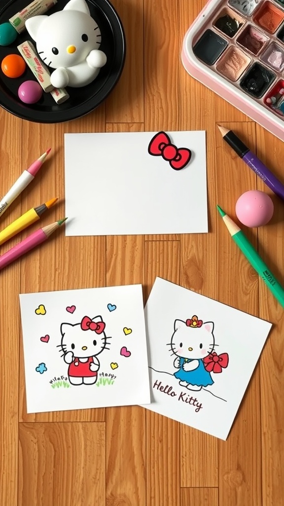 Craft materials for making Hello Kitty themed greeting cards, including drawings and colorful markers.