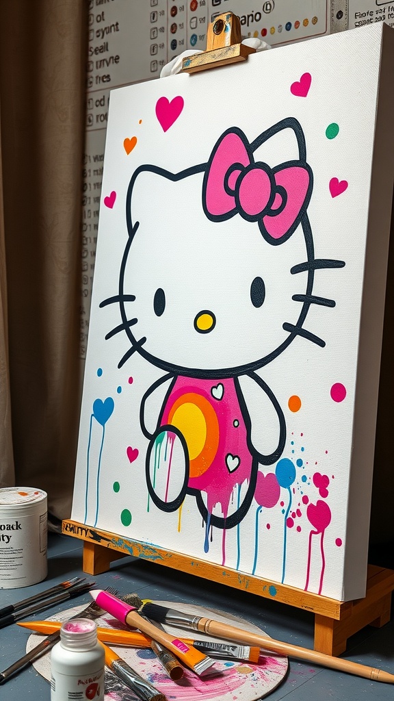 A colorful Hello Kitty painting on a canvas with hearts and paint splashes.