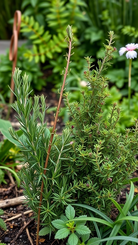 A close-up of intermingled herbs showing different varieties in a garden.