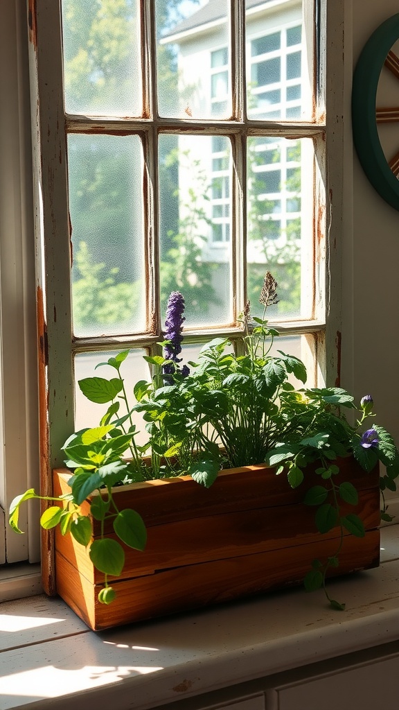 A wooden herb planter filled with various herbs, placed on a windowsill with an old window in the background.