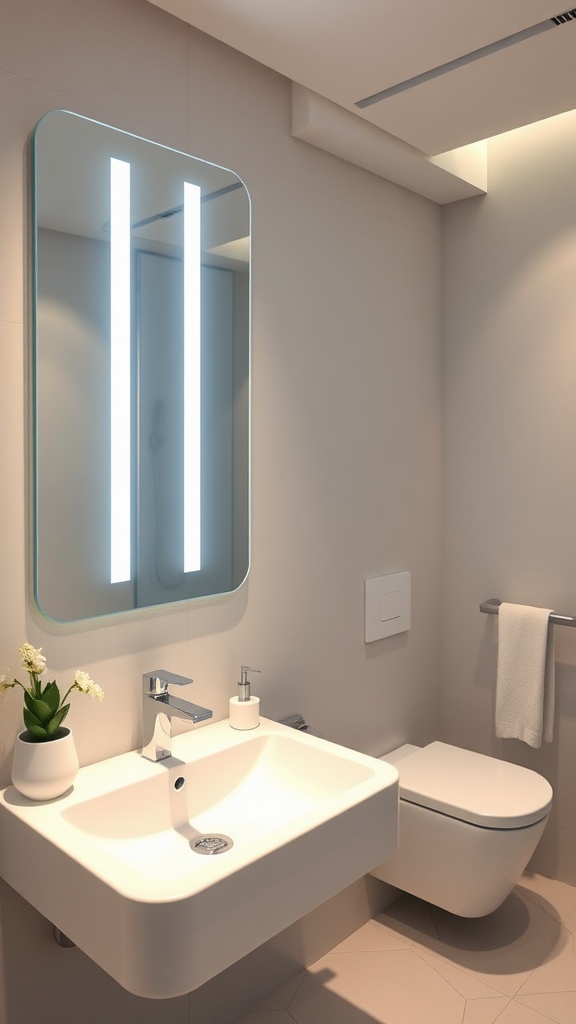 A modern bathroom with LED mirror and sleek fixtures.