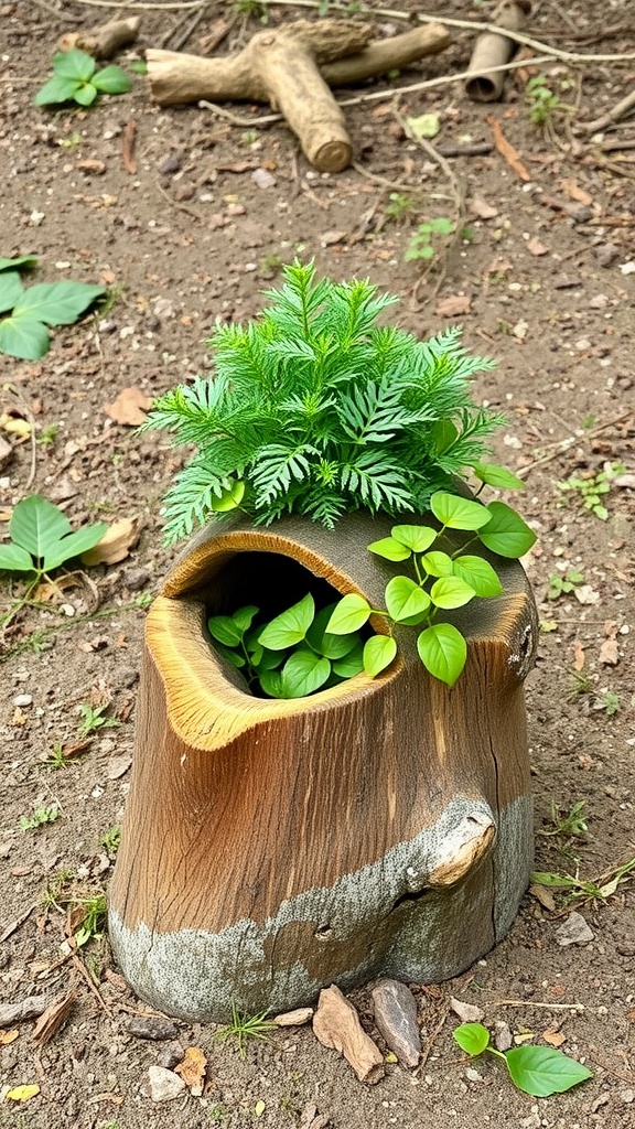 A hollow log planter filled with plants, showcasing a rustic garden display.