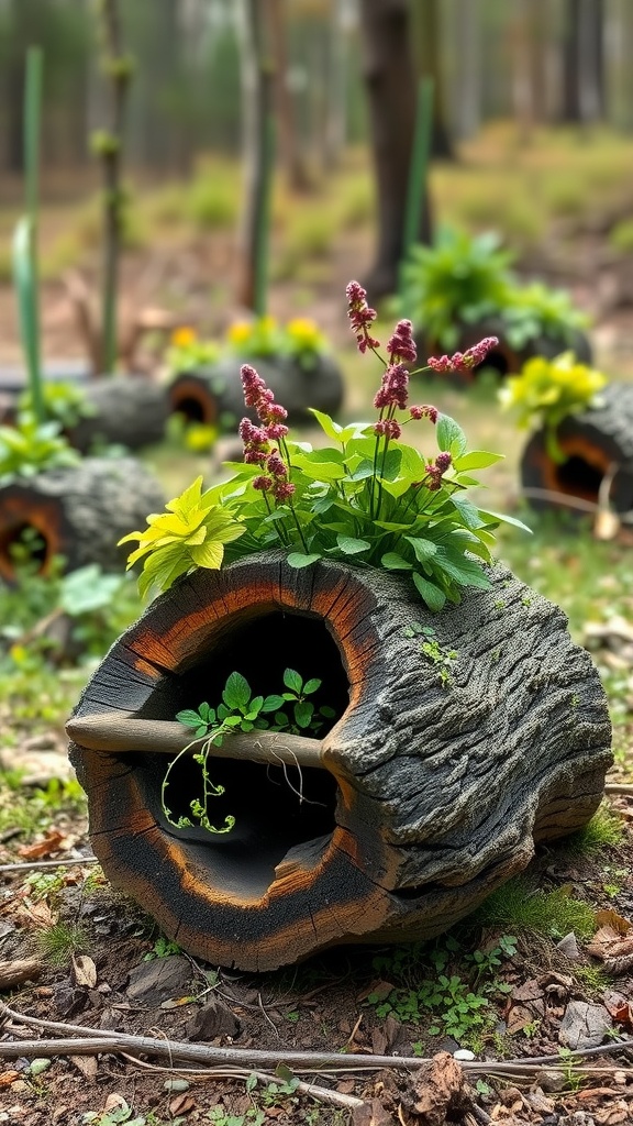 A hollow log used as a planter box with colorful plants growing from it, set in a forest background.