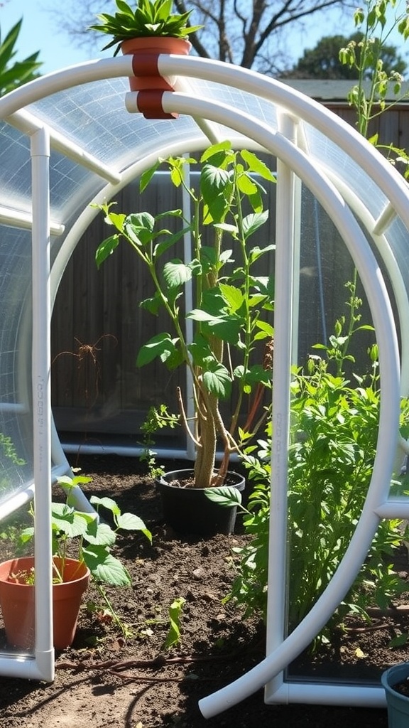 A hoop house greenhouse with green plants inside, showcasing a simple structure with curved frames.