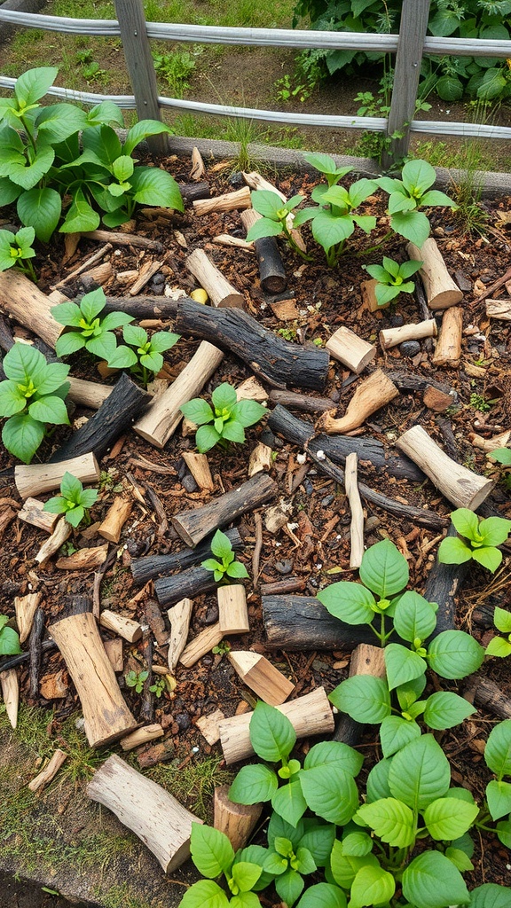 A hugelkultur raised bed with small green plants growing among pieces of wood and bark.