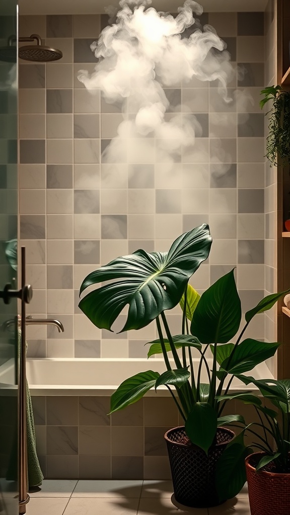 A Monstera plant in a bathroom with steam rising from a shower, showcasing its love for humidity.