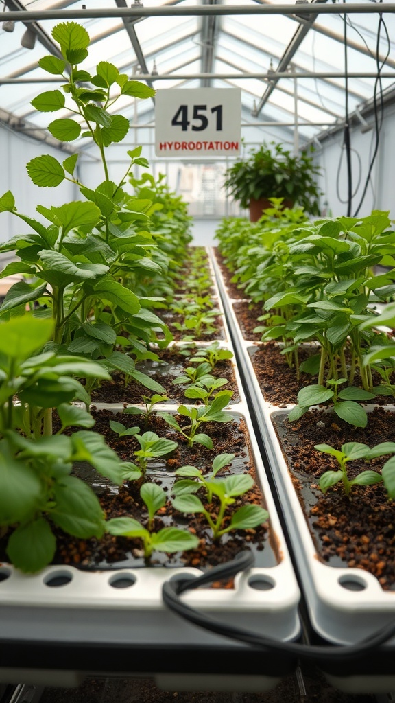 Inside a hydroponic greenhouse with rows of young green plants and a sign labeled '451 HYDROOTATION.'