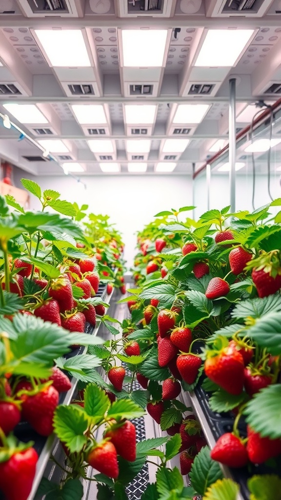 Indoor hydroponic strawberry system with vibrant green plants and ripe red strawberries