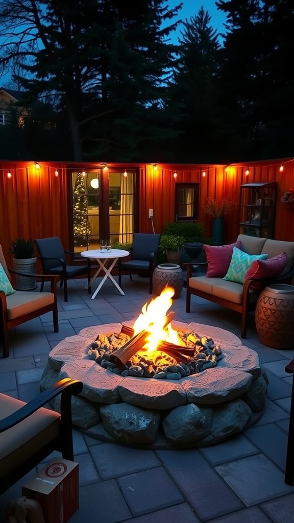 A warm fire pit surrounded by comfortable chairs, set in a cozy outdoor space.