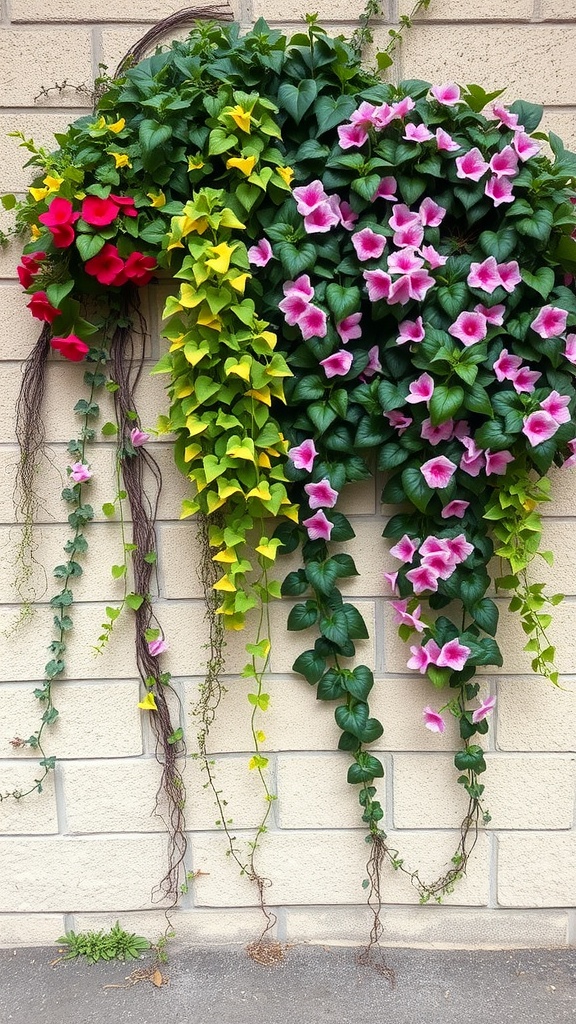 Colorful vertical garden with pink, yellow, and red flowers on a wall.