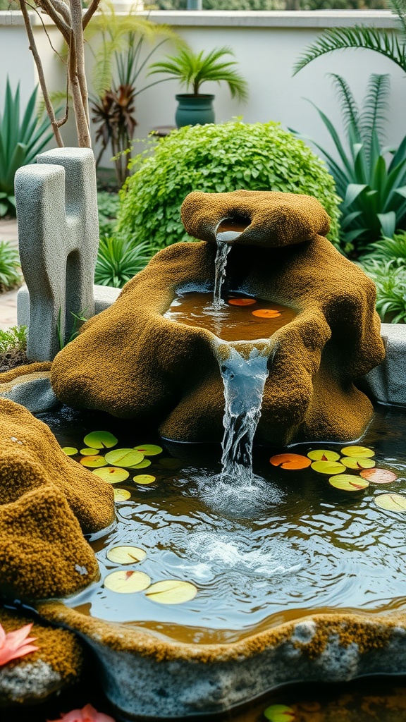 A beautiful hypertufa water feature with a gentle waterfall and lily pads.