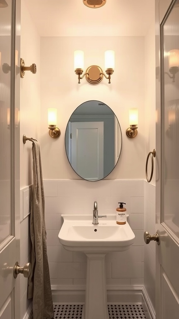 A small bathroom featuring stylish lighting fixtures and a round mirror.