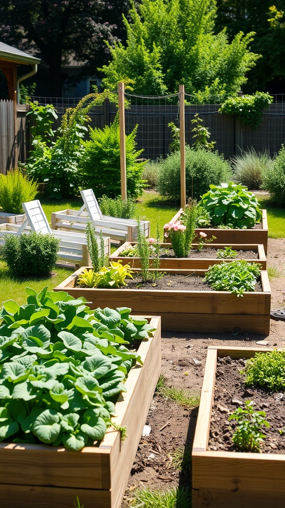 A sunny backyard with raised garden beds filled with various vegetables and herbs, surrounded by greenery.