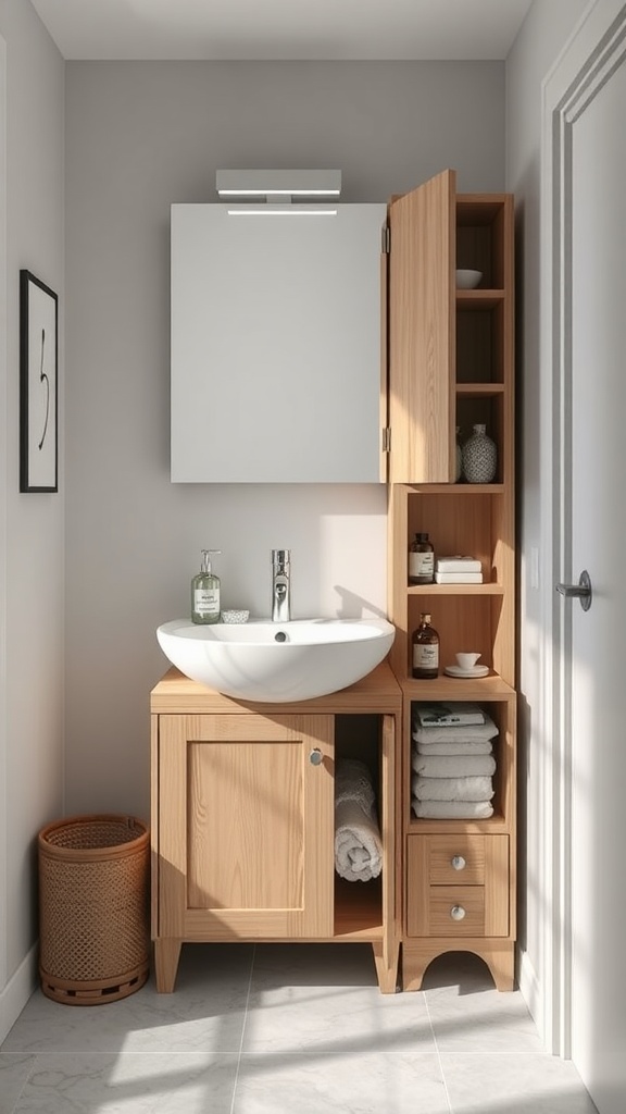 Stylish small bathroom with multi-functional furniture including a vanity and storage.