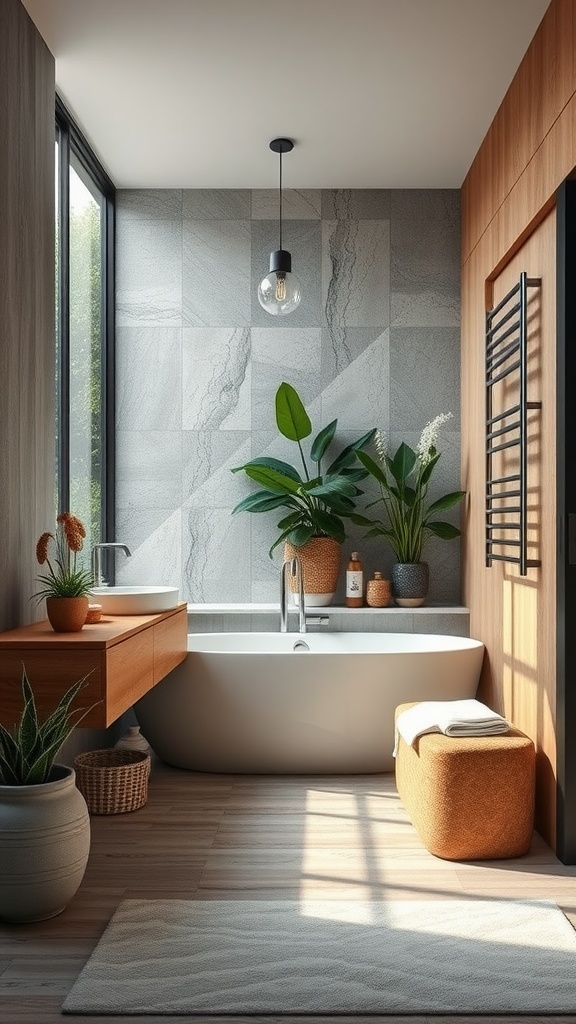 A stylish small bathroom featuring plants, wooden accents, and modern fixtures.