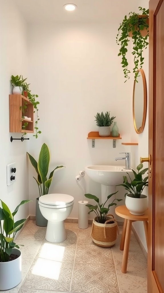 A small bathroom featuring plants, wooden accents, and natural light.