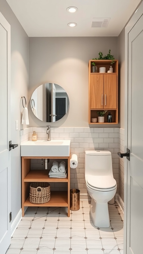 A small bathroom featuring wood storage, a round mirror, and open shelving.