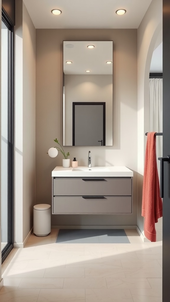 Modern small space bathroom featuring a floating vanity, mirror, and natural light