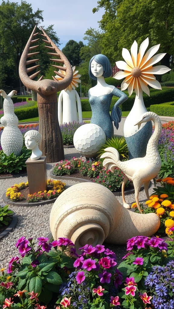 Colorful garden with various sculptures and flowers