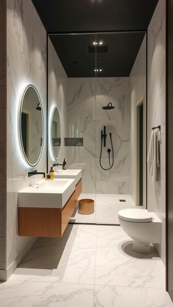 Modern small bathroom with round mirrors, a sleek sink, and stylish decor