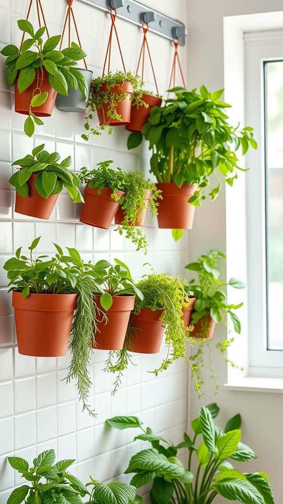 Indoor herb wall featuring pots of various herbs arranged on a wall.