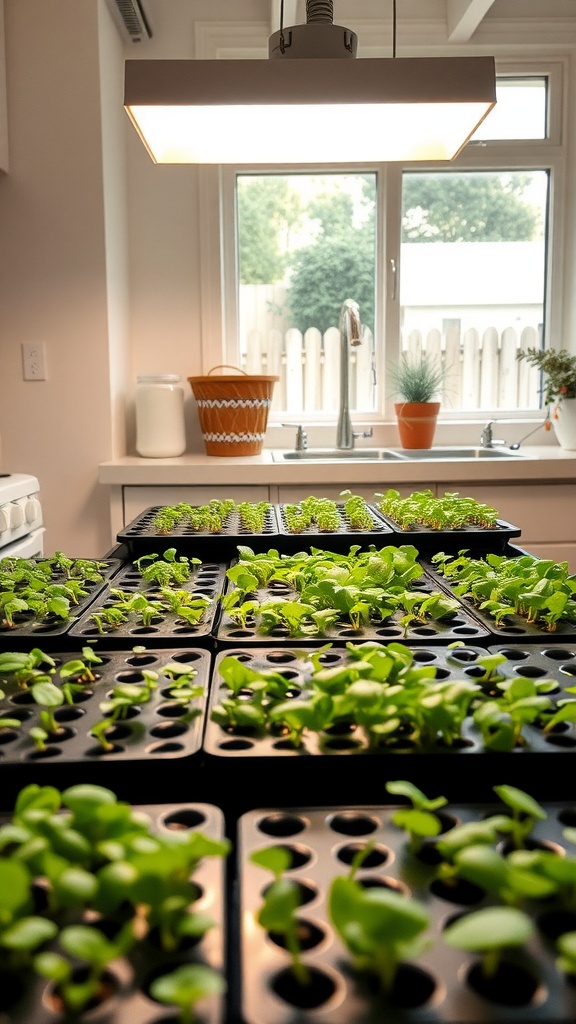 Indoor setup for growing microgreens with plants under a grow light.