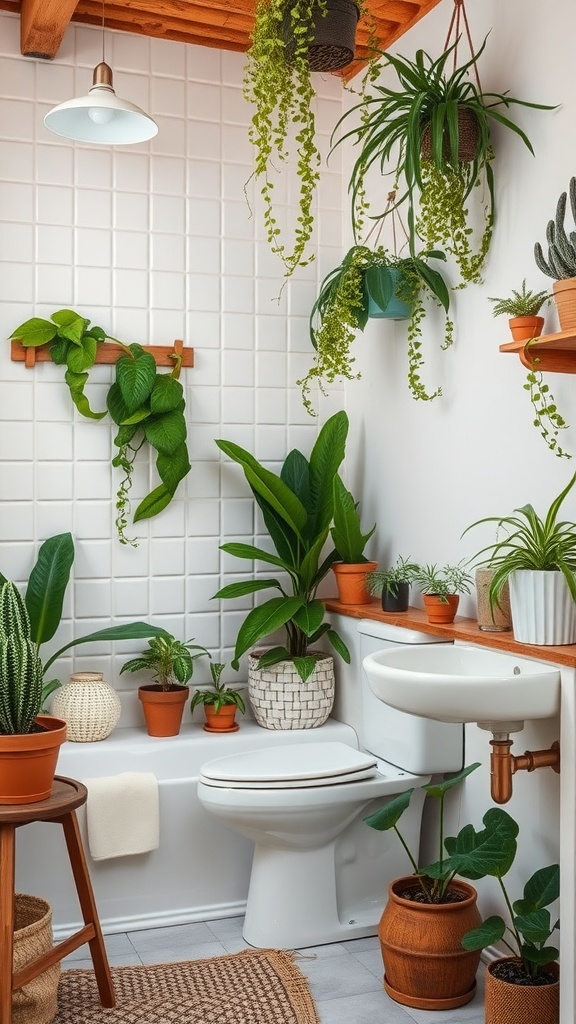 A rustic bathroom filled with various indoor plants, showcasing greenery against a white tiled wall.