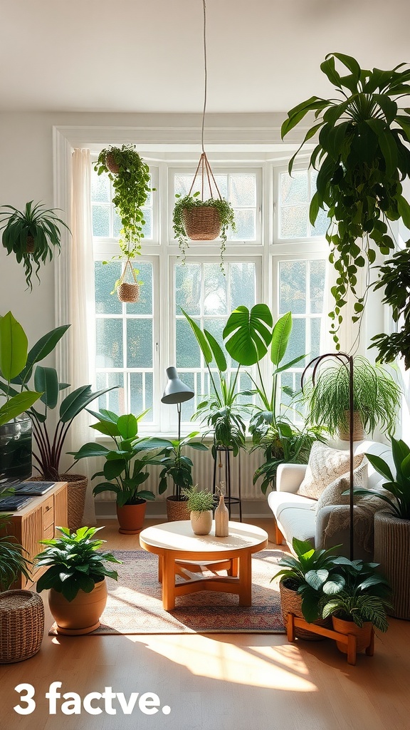 Cozy living room filled with various indoor plants and natural light