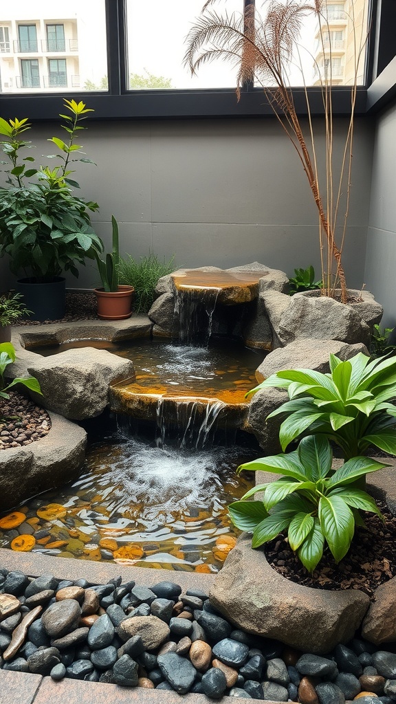 An indoor water feature with a small waterfall surrounded by plants and rocks.