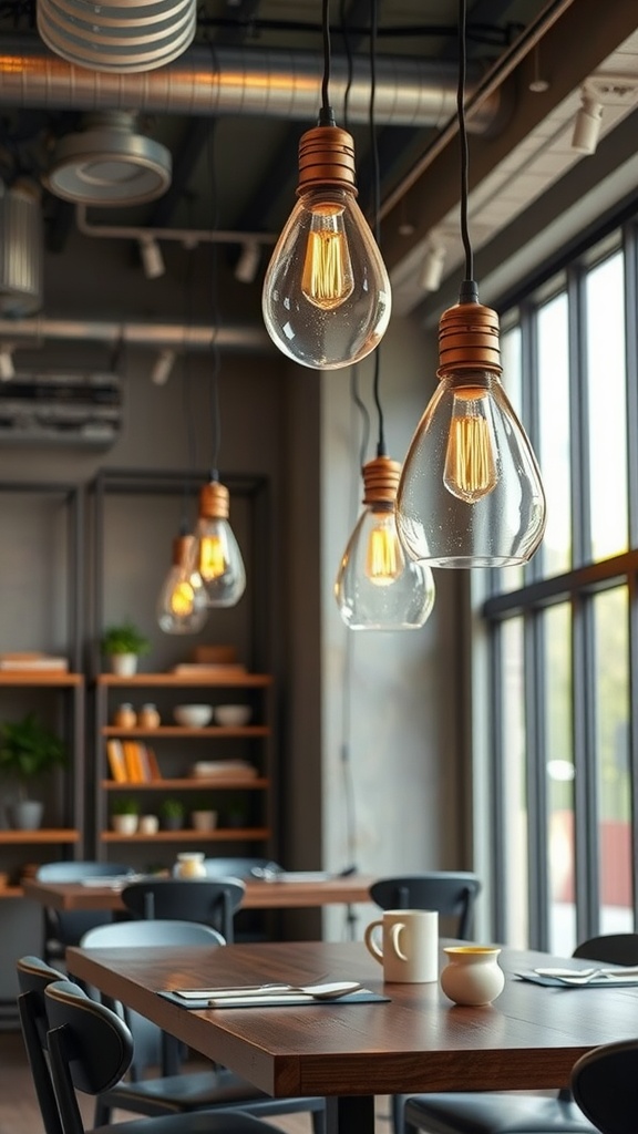 Industrial-style light fixtures hanging over dining tables in a modern setting.