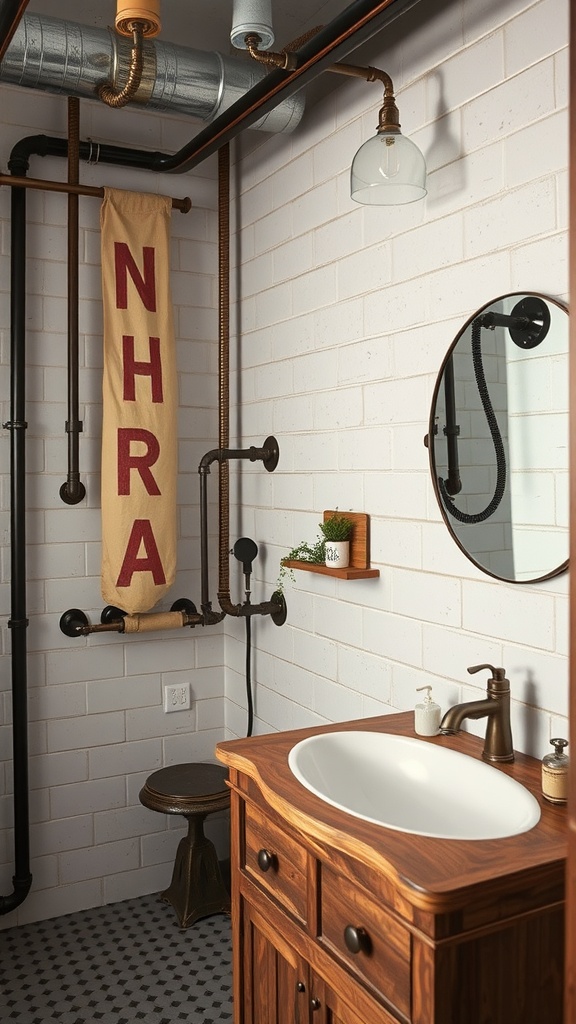 A stylish industrial chic bathroom with exposed pipes, wooden vanity, and a minimalist design.