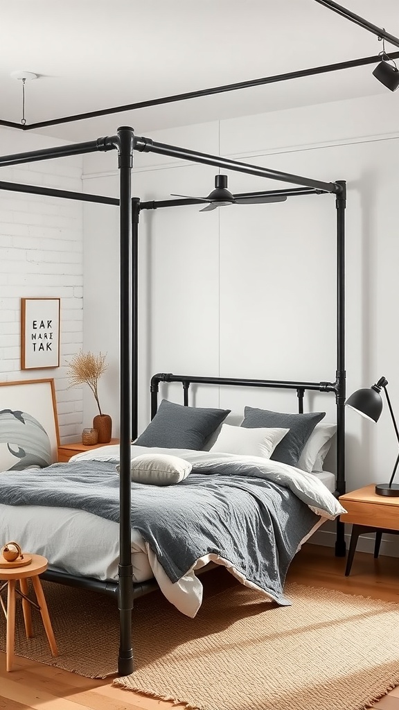 Stylish industrial pipe bed canopy in a modern bedroom setting.