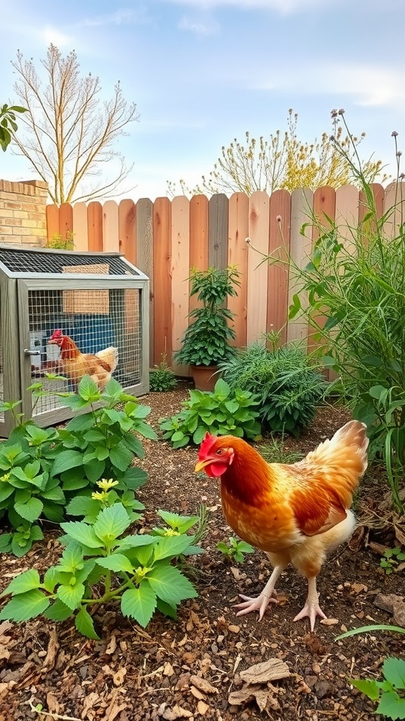 Chickens in a garden setting with a chicken coop