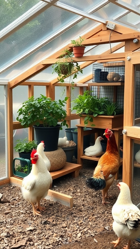 Chickens roaming inside a greenhouse with plants and pots.