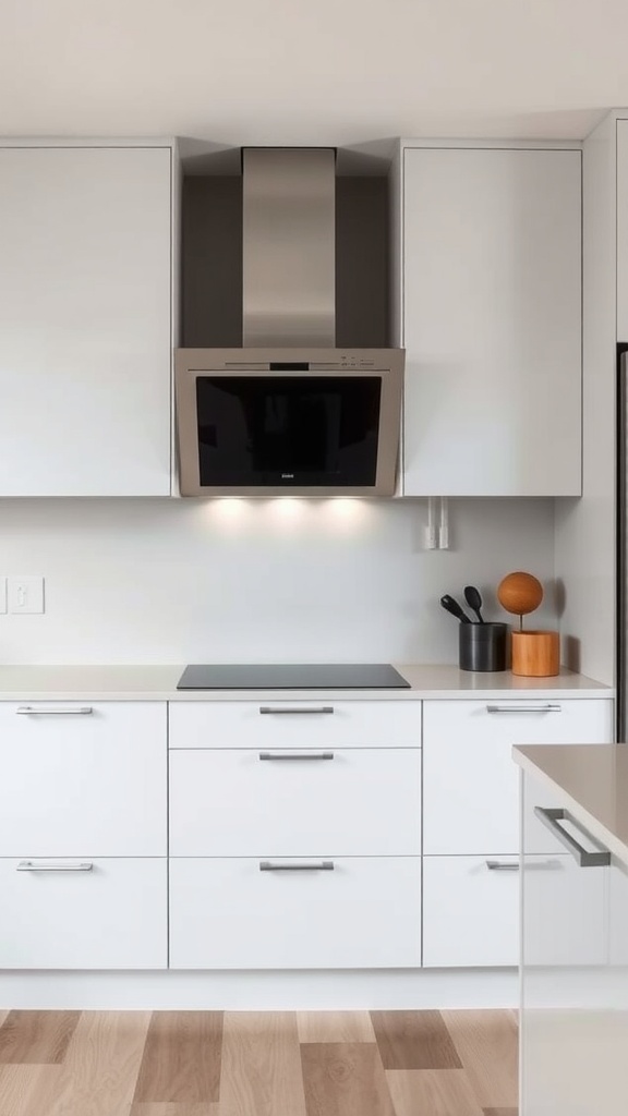 A modern kitchen with integrated hidden ventilation, featuring a sleek stainless steel hood and white cabinetry.