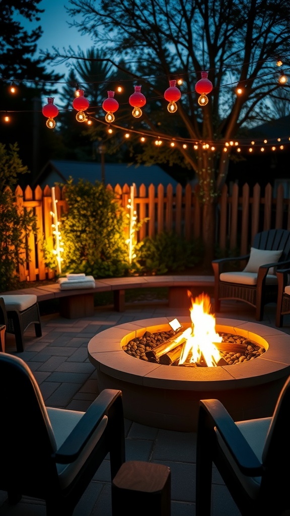 A backyard fire pit area with surrounding seating and decorative string lights.