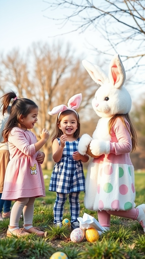 Two children interacting with a friendly Easter Bunny mascot in a park during Easter festivities.