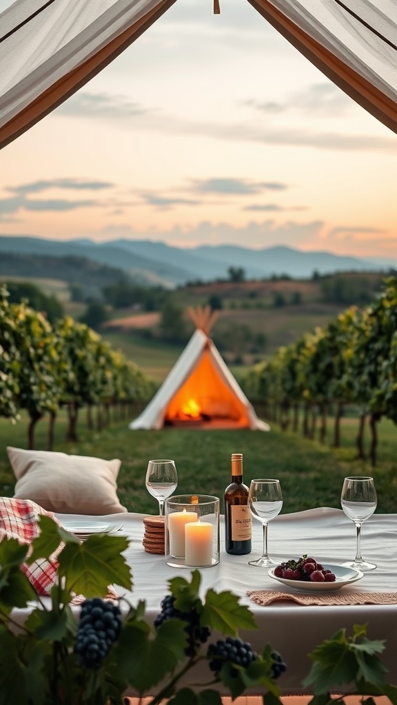 A beautifully arranged glamping setup in a vineyard, featuring a table with wine, candles, and snacks, with a glowing tent in the background at sunset.