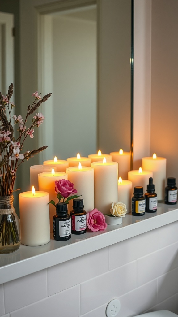 A bathroom shelf with lit scented candles and essential oil bottles, complemented by decorative flowers.