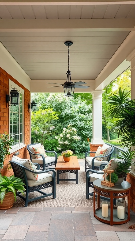 Cozy outdoor living space with comfortable seating, plants, and a ceiling fan