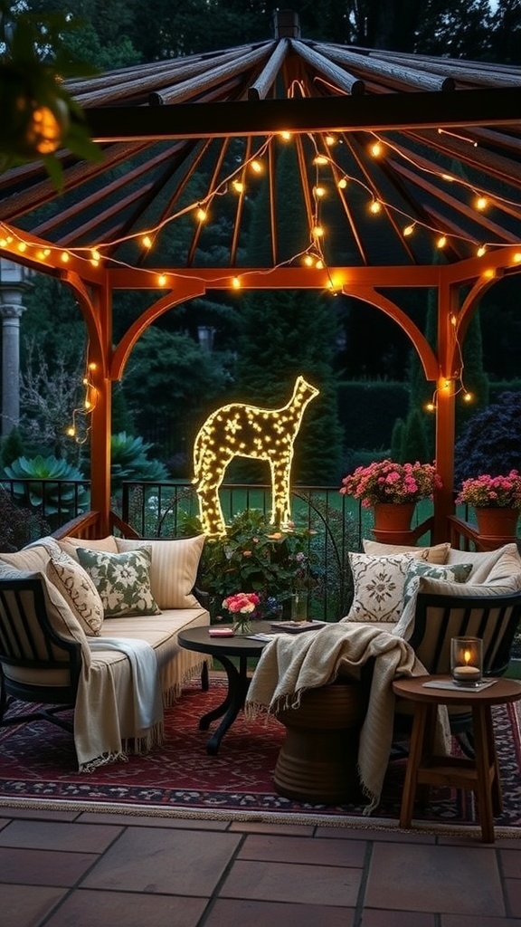 Cozy outdoor seating with cushions, flowers, and warm lighting.