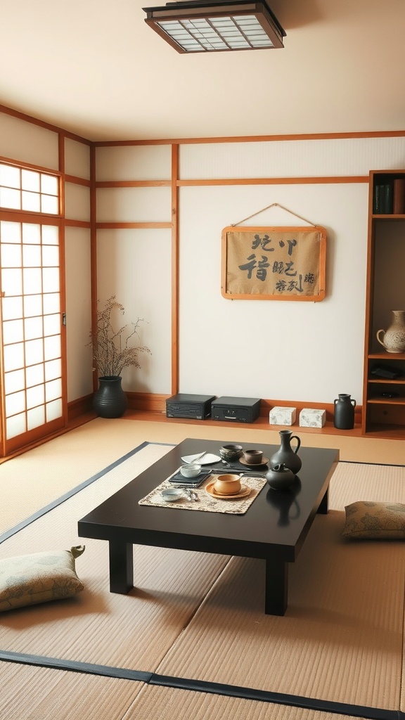 A serene Japanese tea room featuring tatami mats, a low black table set for tea, and traditional decor.