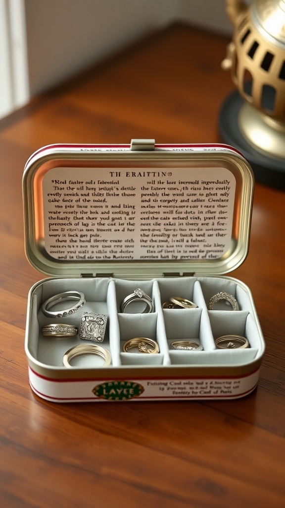 An Altoid tin organized with various rings, lined with fabric.