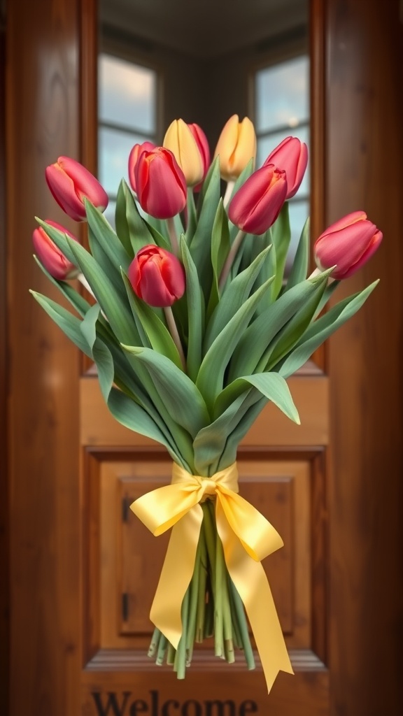 A bouquet of red and yellow tulips tied with a yellow ribbon hanging on a front door.