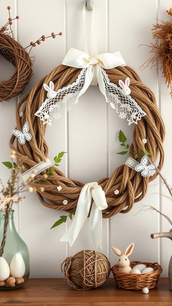 A jute and lace wreath decorated with Easter touches like bunnies and flowers