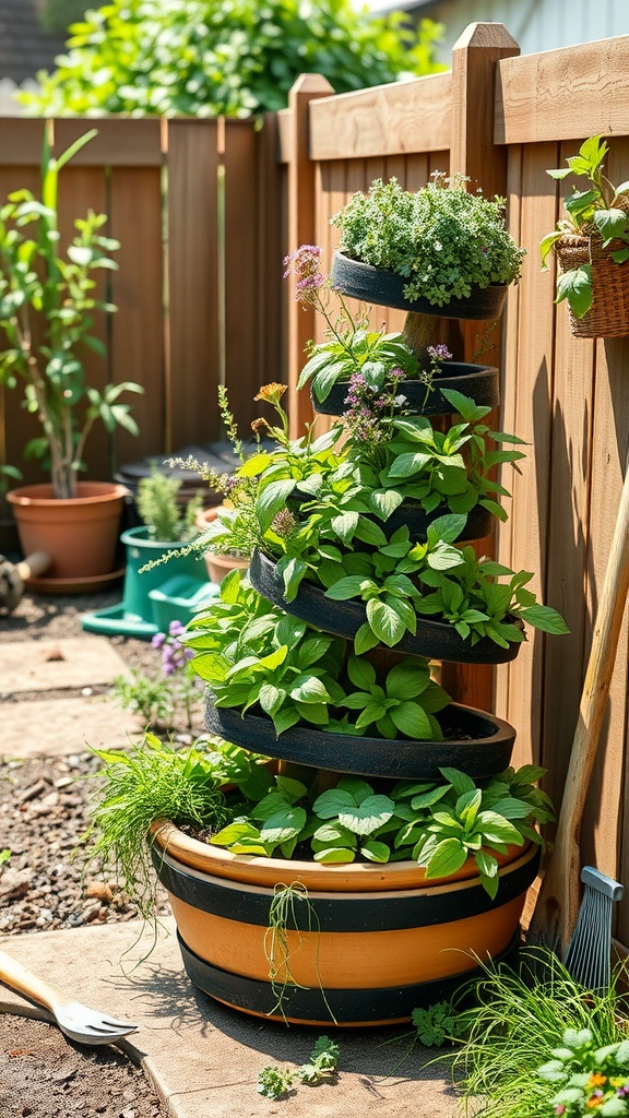 A vibrant kitchen herb spiral filled with various herbs, showcasing a stylish and space-efficient garden design.